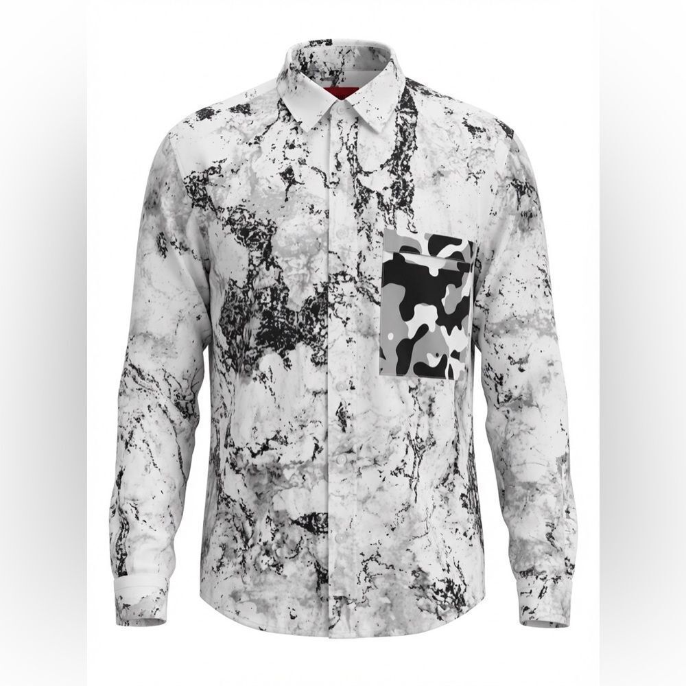 HUGO BOSS MENS BUTTON DOWN SHIRT SIZE S WHITE WITH BLACK DESIGN